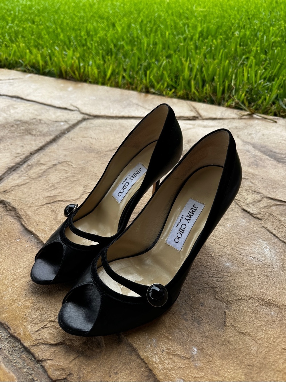 Vintage Jimmy Choo Black Leather Peep Toe Mary Jane Heels Pumps Size 36,5 - Picture 15 of 15